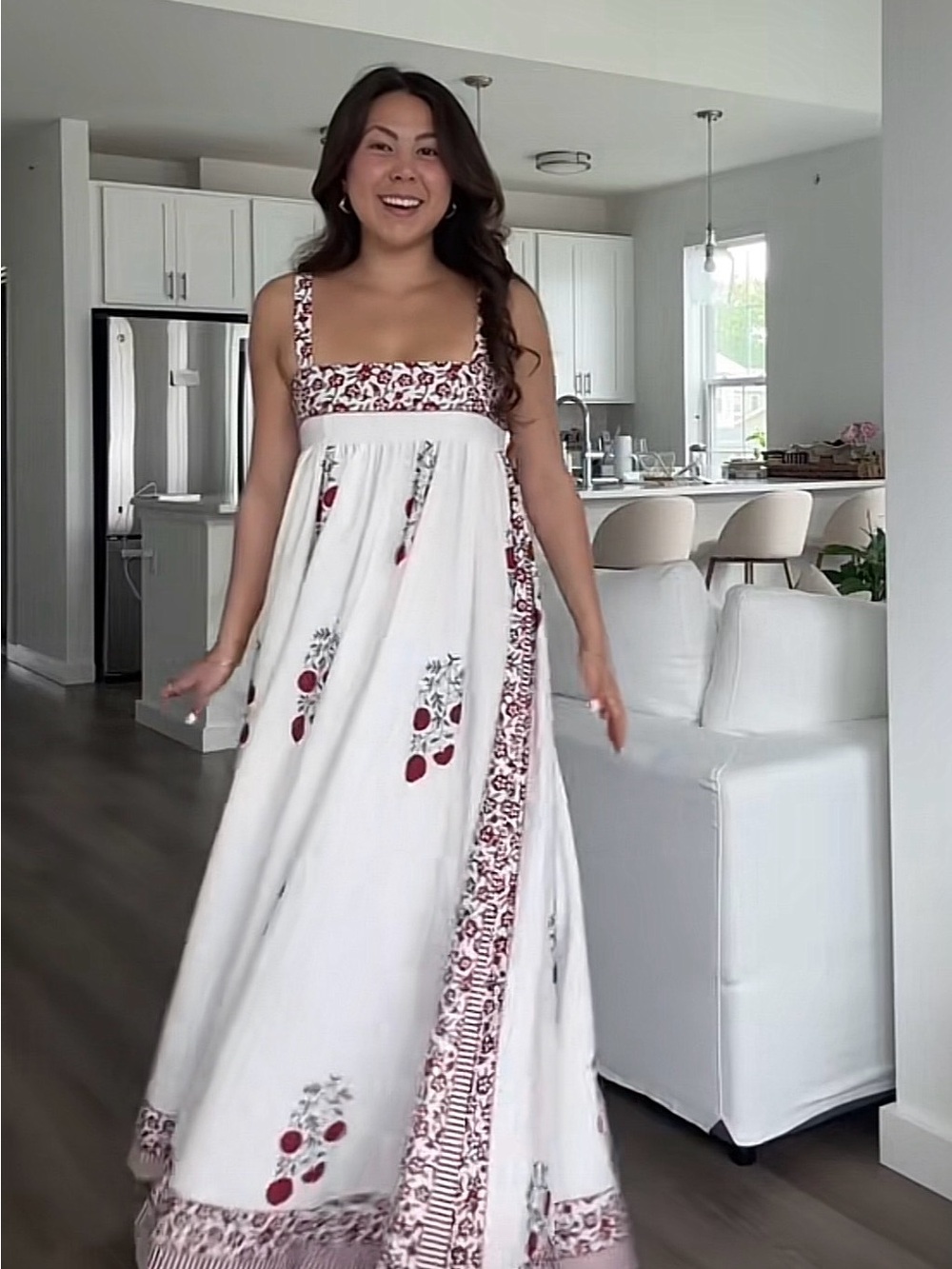 Women’s White Maxi Dress with Red Floral Print